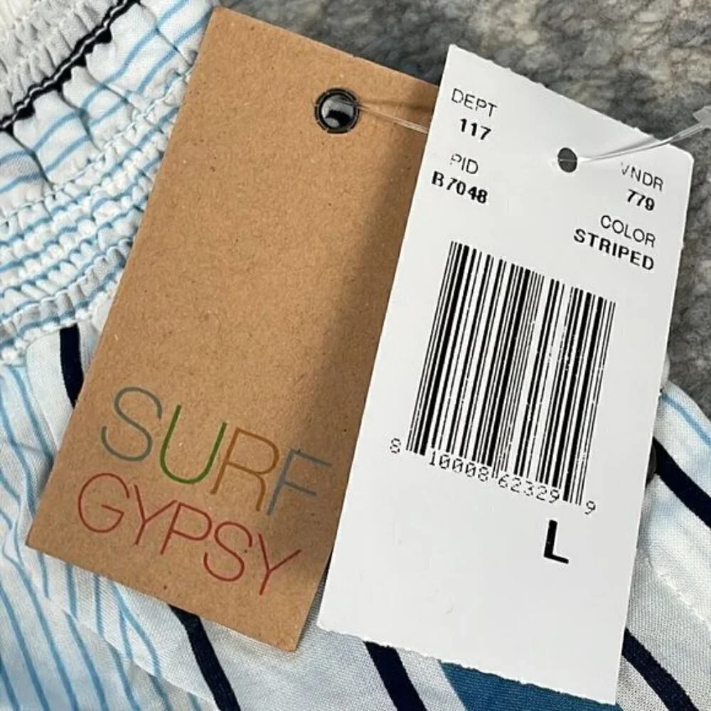 NWT Surf Gypsy Printed Side Lace Up Swim Cover Up Shorts Stripe Beach Blue Sz L